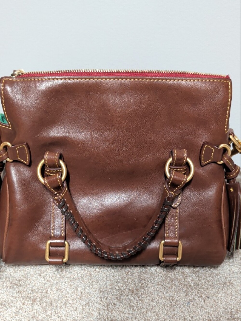 Dooney & Bourke Brown Leather Shoulder Bag with Green Interior - Picture 8 of 15